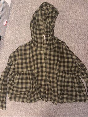 Free People Women's Green and Black Plaid Woven Drop Shoulder Blouse Top